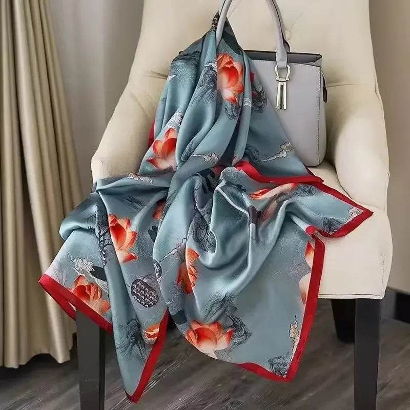 New Summer Women's Silk Scarf Sun Protection Satin Print Extra Long Beach Cover Up Decorative Mom's Shawl Fashionable Accessory - AIAZ