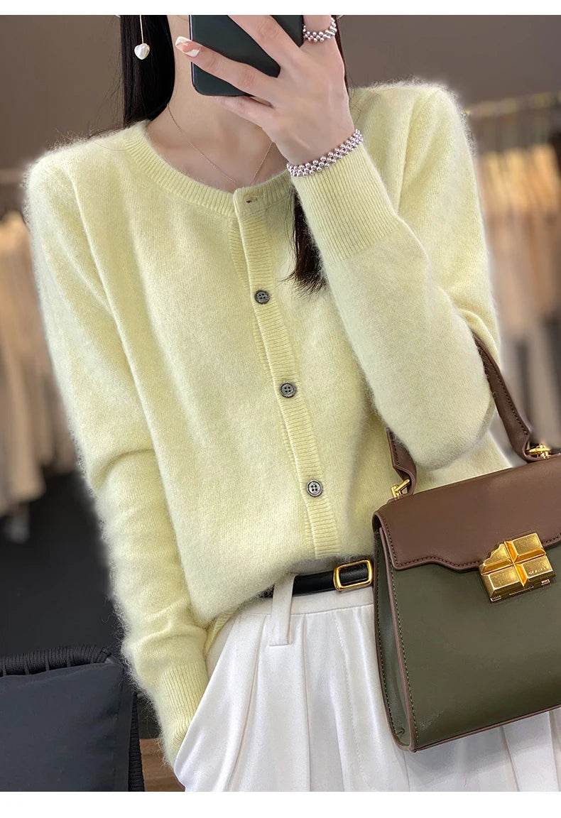 Women's Cardigan 100% Mink Cashmere Sweater,O-Neck Long Sleeve Top,Plus-Size Loose,Spring and Autumn Soft Knitted Jacket Female - AIAZ