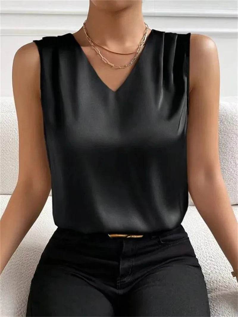 Women's vest elegant temperament V-neck vest summer vacation simple solid color fashion all-matching sleeveless top - AIAZ