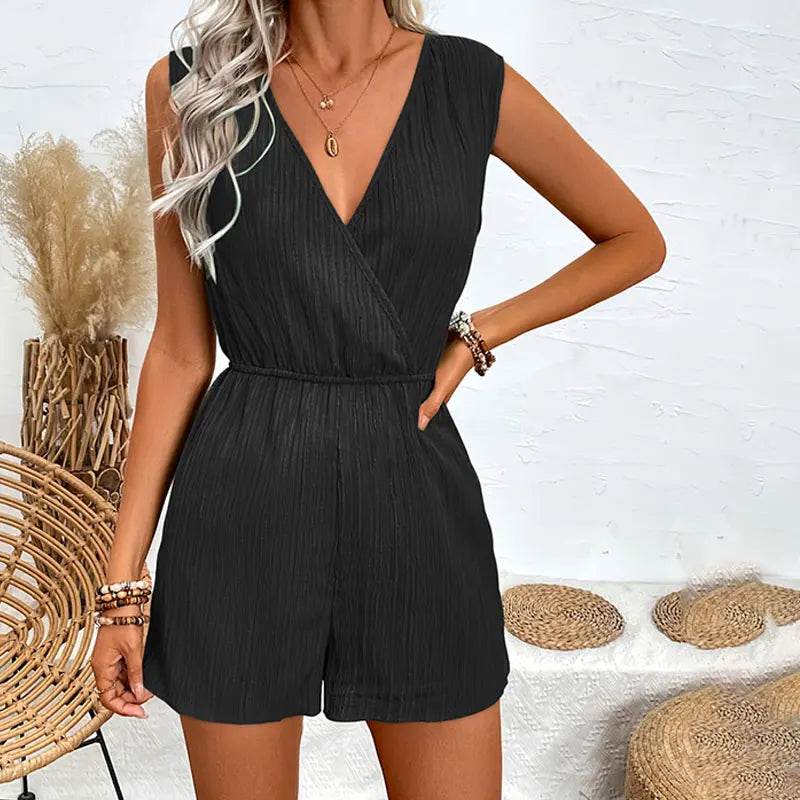 Jump Suit Women's Casual V-neck Monochromatic Jumpsuit Five-Point Shorts European and American Summer New Overalls Playsuits - AIAZ