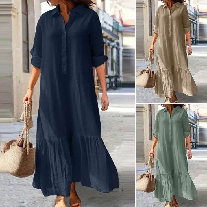 2025 Women's Linen Shirt Dress - Asymmetrical Hem Button Down Casual Dress - AIAZ