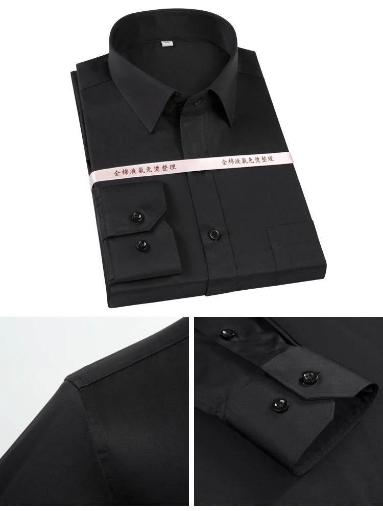 Men's Non Iron Standard-fit Solid Basic Dress Shirt Formal Business Premium 100% Cotton Male Long Sleeve Work Office Shirts - AIAZ