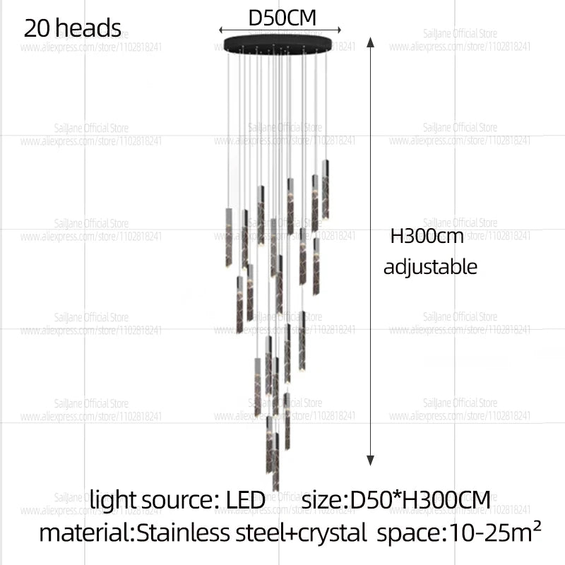 Modern LED Living Room Pendant Light Staircase Pendent Lamp Doublelayer Attic Spiral Long Ceiling Lamp Villa Crystal Chandelier