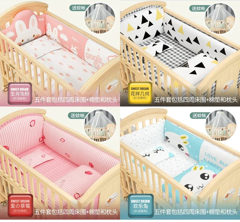 Baby Crib Multifunctional BB Baby Crib Solid Wood Unpainted Cradle Bed Movable Newborn Children Splicing Large Bed