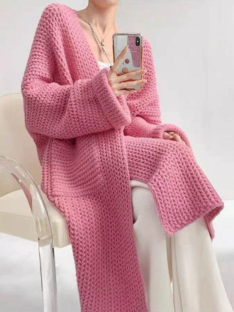 Korean Cardigan Sweater for Women Autumn Winter Loose Lazy Style Female Midi Knit Coats Fashion V Neck Casual Big Pocket Jumpers - AIAZ