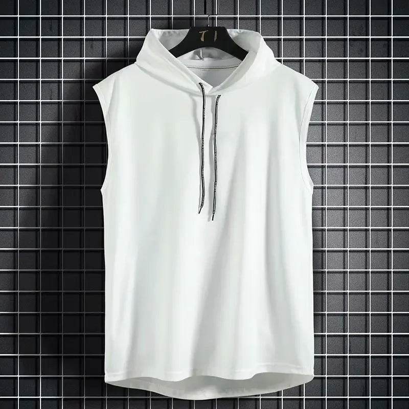 Men Tie Collar Hooded Sleeveless Vests Male Summer Loose Solid Hip Hop Tee Shirt Tops - AIAZ