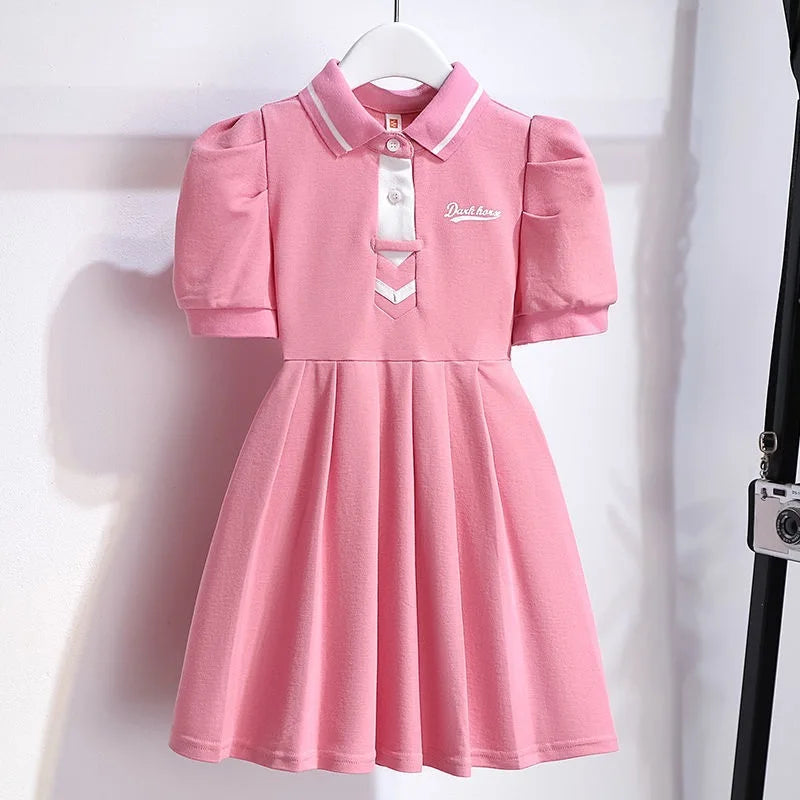 1pcs Summer Children's Dress Girl's Korean Edition Short Sleeves Flip Collar Skirts Pupil Student's Sweet Princess Fashion Dress