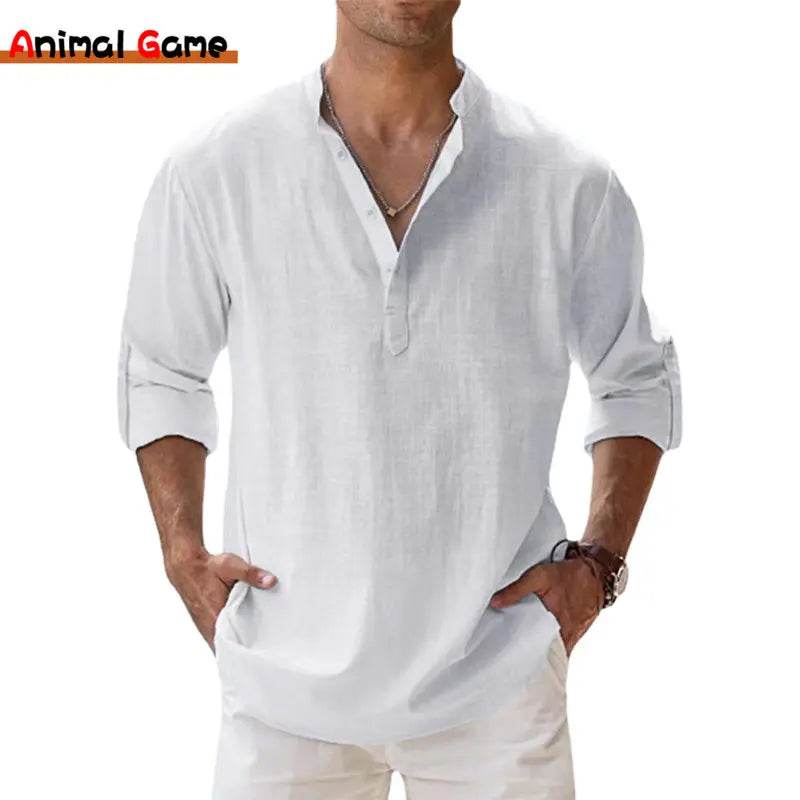 New Cotton Linen Shirts for Men Casual Shirts Lightweight Long Sleeve Henley Beach Shirts Hawaiian T Shirts for Men - AIAZ