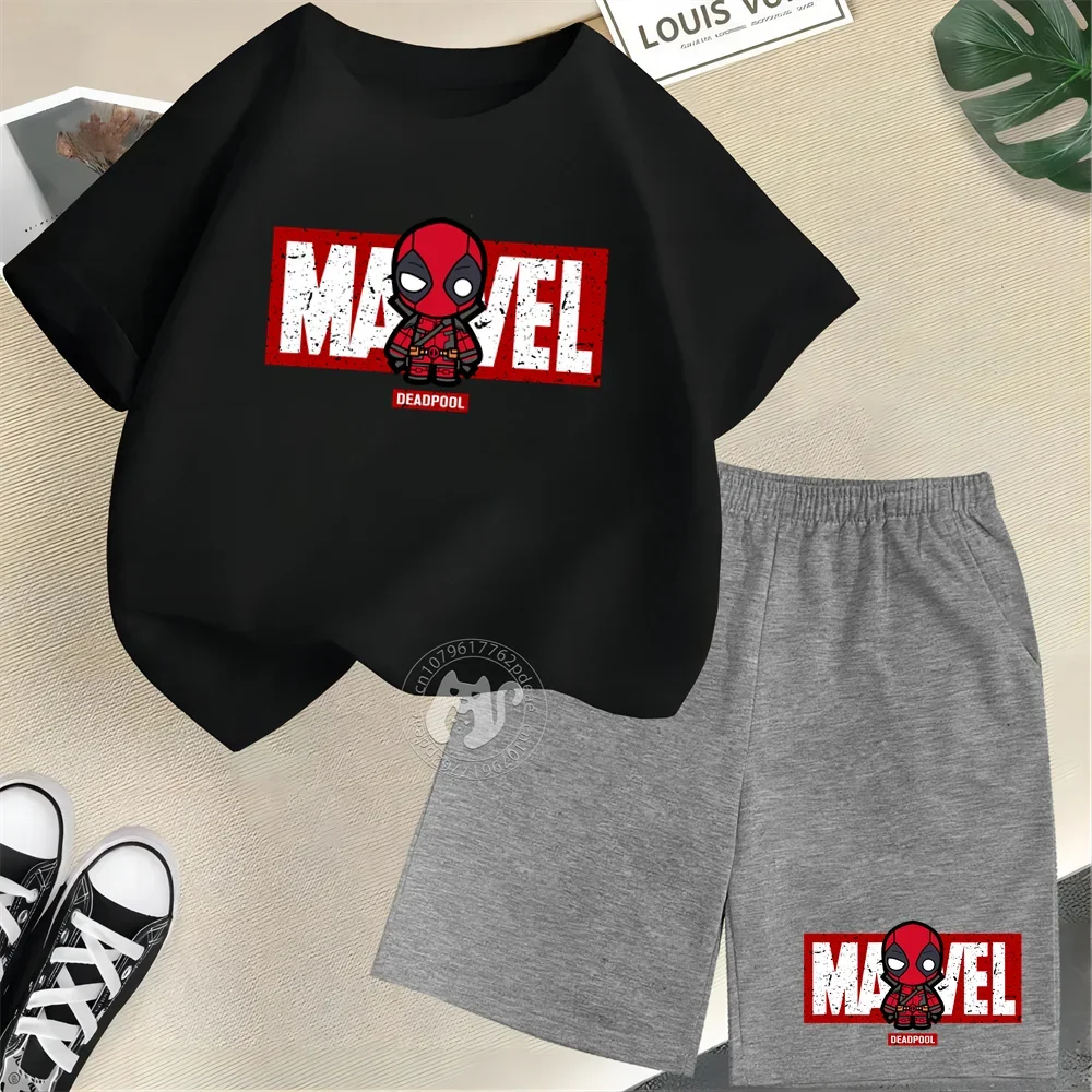 Superhero Summer Kids 100% Cotton T-shirt Street Mini Deadpool Print Short Sleeve T-shirt + Shorts Boys & Girls casual suit