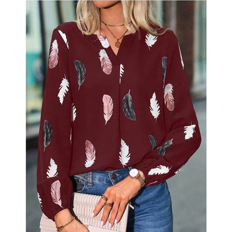 Fashion Woman Blouse Shirts For Women Stylish Top long Sleeve Feather Pattern Female Tops Elegant Chiffon Mujer Woman Clothes - AIAZ