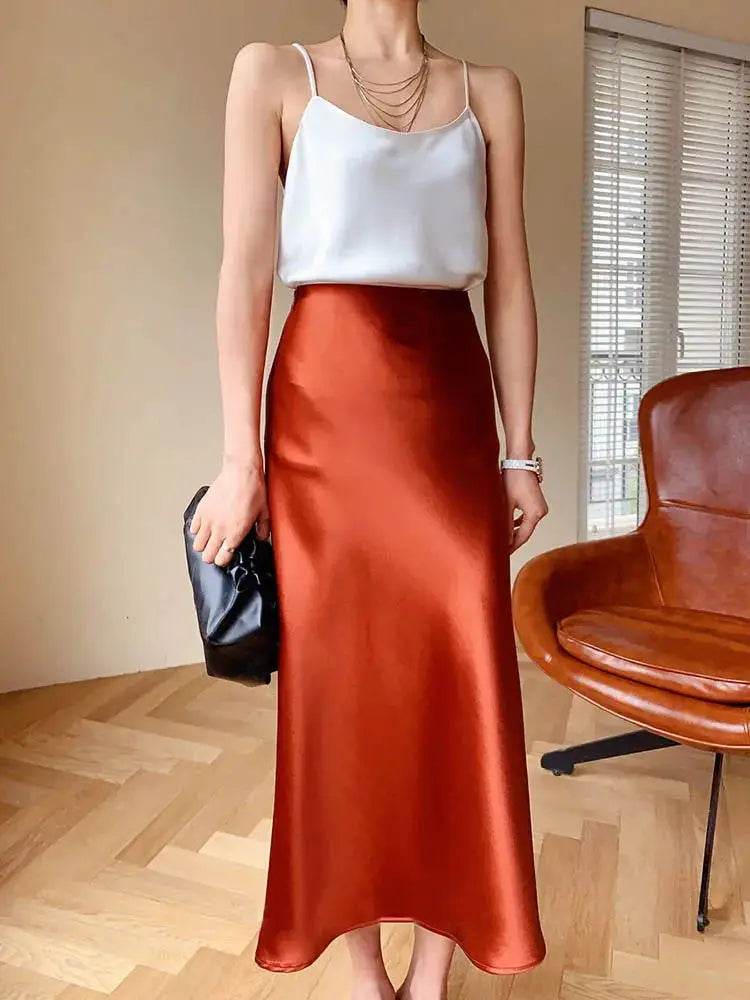 High Waisted Satin Long Skirts for Women Spring/Summer New 2025 Women's Skirt A-line Fashion Elegant Slim Fit Grey Black Skirt - AIAZ