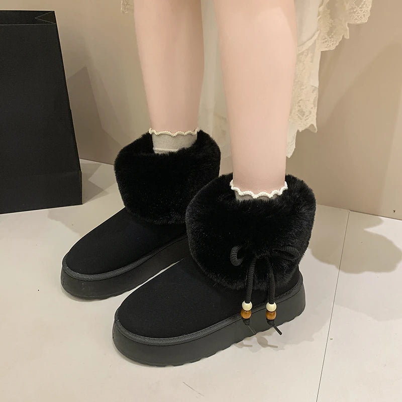 Large size women's shoes Icelandic snow boots women's winter plush cute cream short tube warm fluffy boots cotton shoes