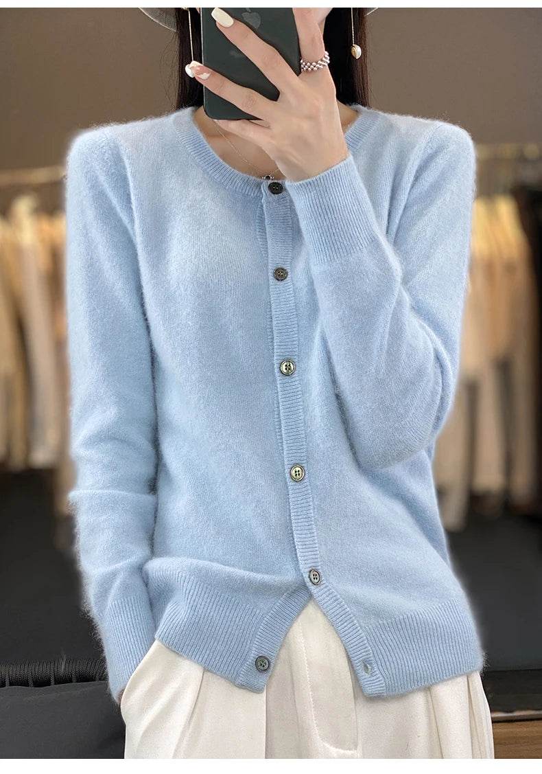 Women's Cardigan 100% Mink Cashmere Sweater,O-Neck Long Sleeve Top,Plus-Size Loose,Spring and Autumn Soft Knitted Jacket Female - AIAZ