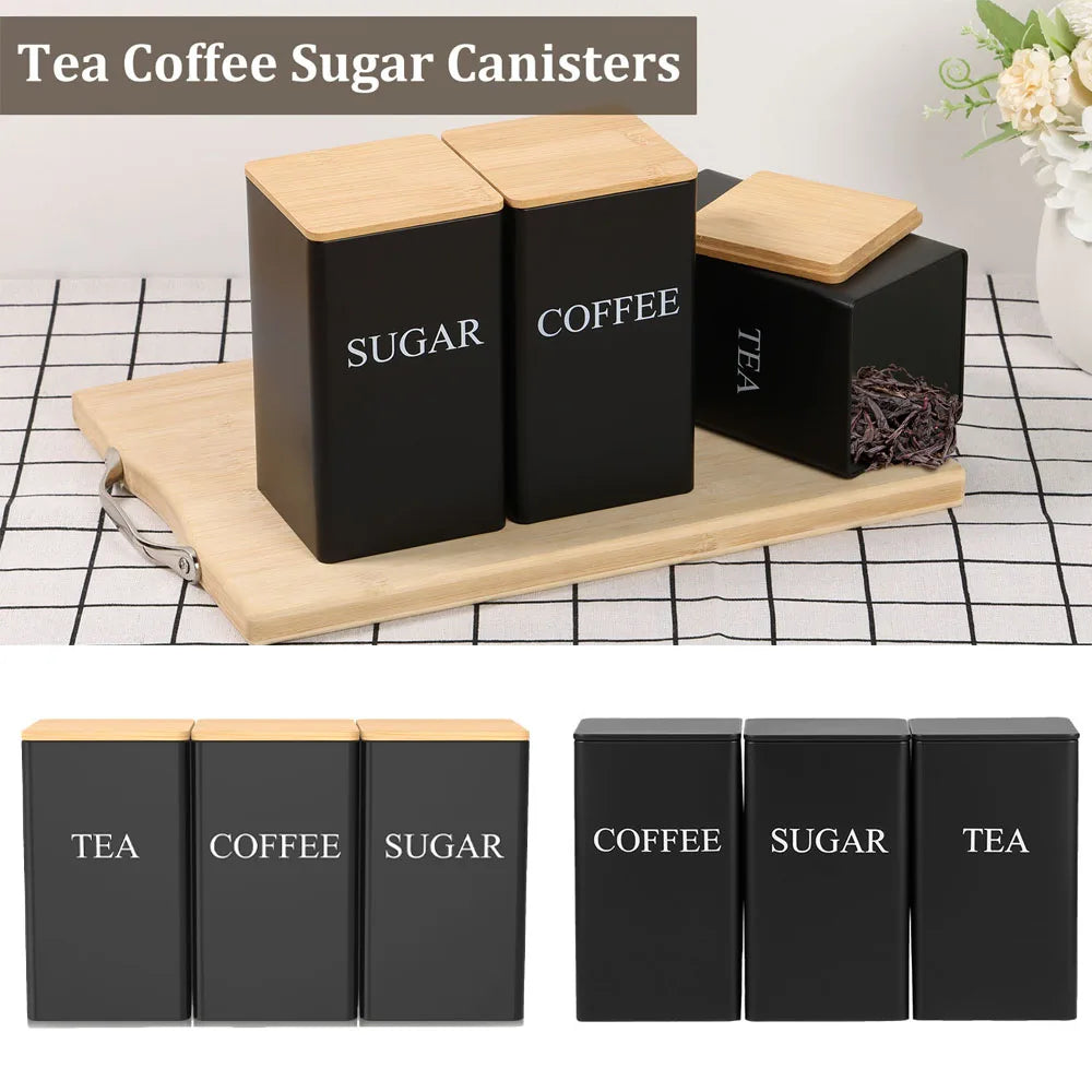Coffee Bean Storage Jar Metal Coffee Tea Sugar Container Simple Style Sealed Storage with Bamboo Lid Tea Can Kitchen Supplies