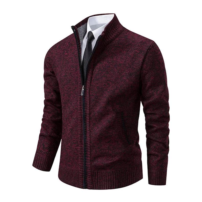 Autumn And Winter New Jersey Men's Casual Sports Coat Solid Color Stand Collar Wweater Grab Fleece Warm Zipper Cardigan - AIAZ