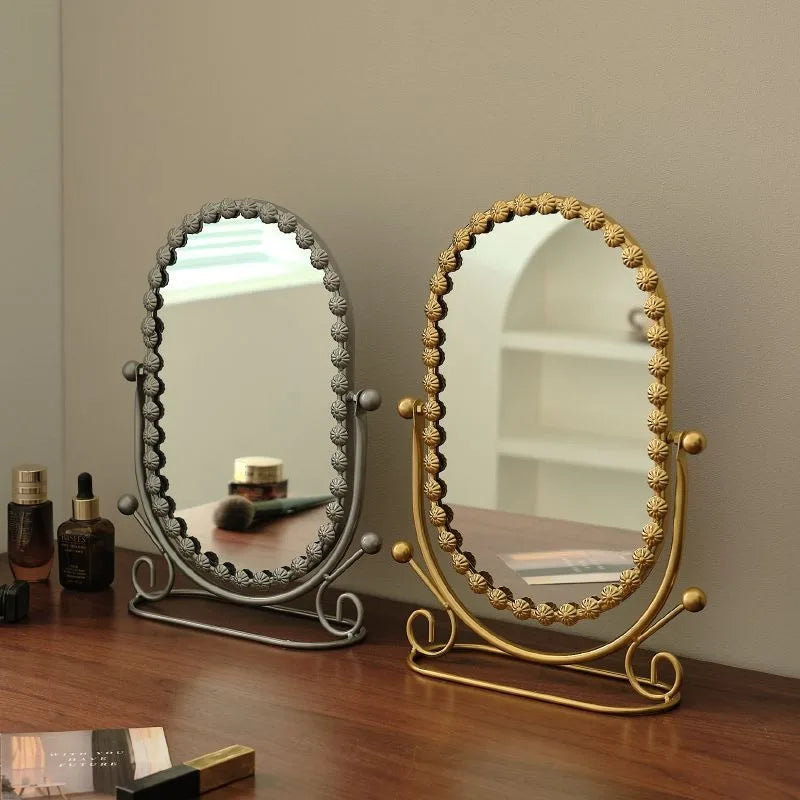 Light Luxury Wrought Iron Vertical Mirror Rotatable Retro Makeup Mirror Bedroom Vanity Mirror Desktop Ornament Photo Props