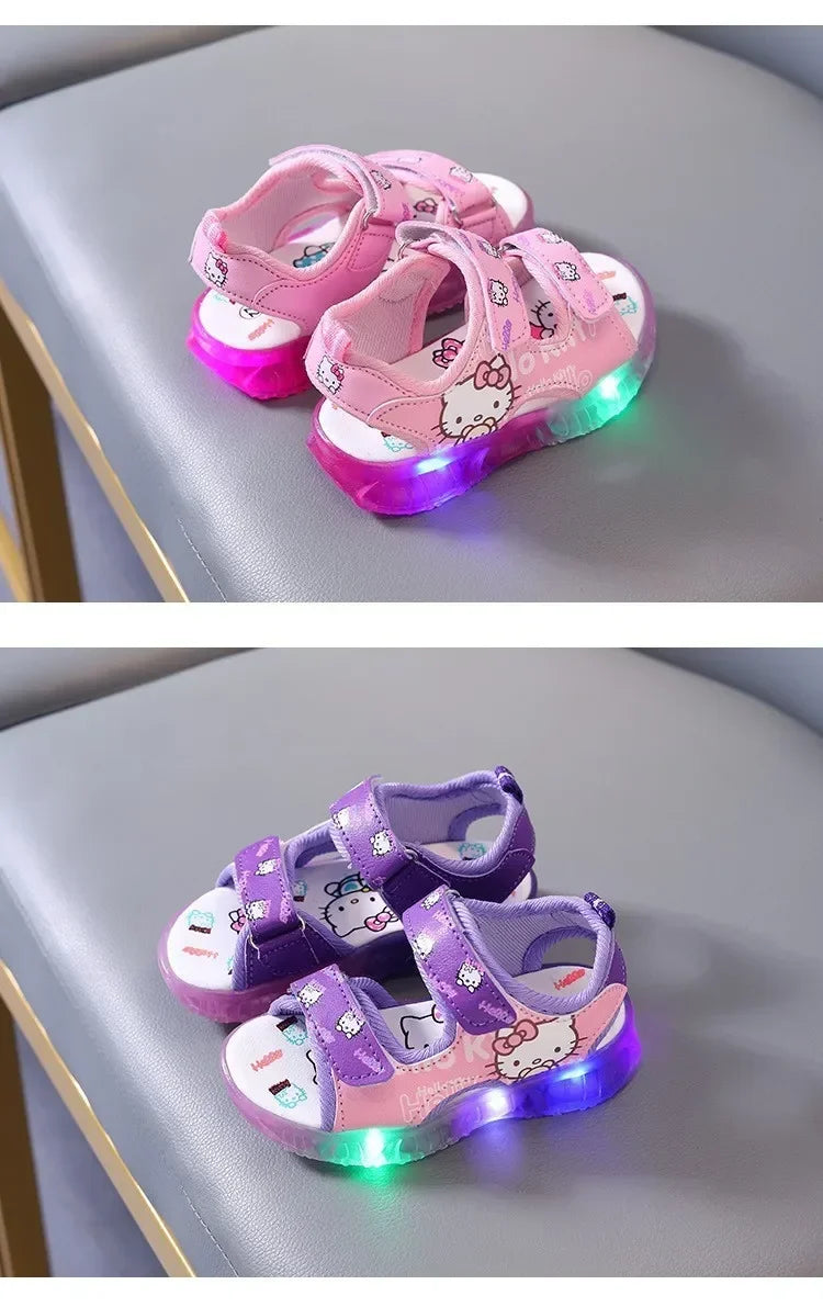 2024 Summer Baby LED Light Sandals For Girls Cute Hello Kitty Children's Casual Shoes Anti-slip Kids Beach Shoes Outdoor Shoes