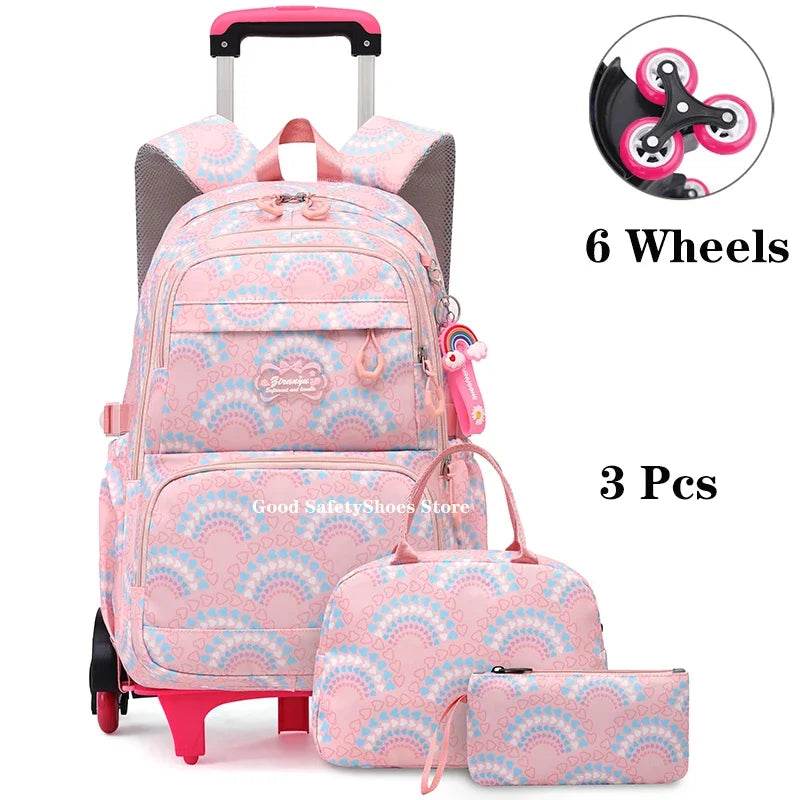 Rolling School Bags for Girls Backpack Children Waterproof School Backpacks with Wheels Middle School Trolley Luggage Back Pack - AIAZ