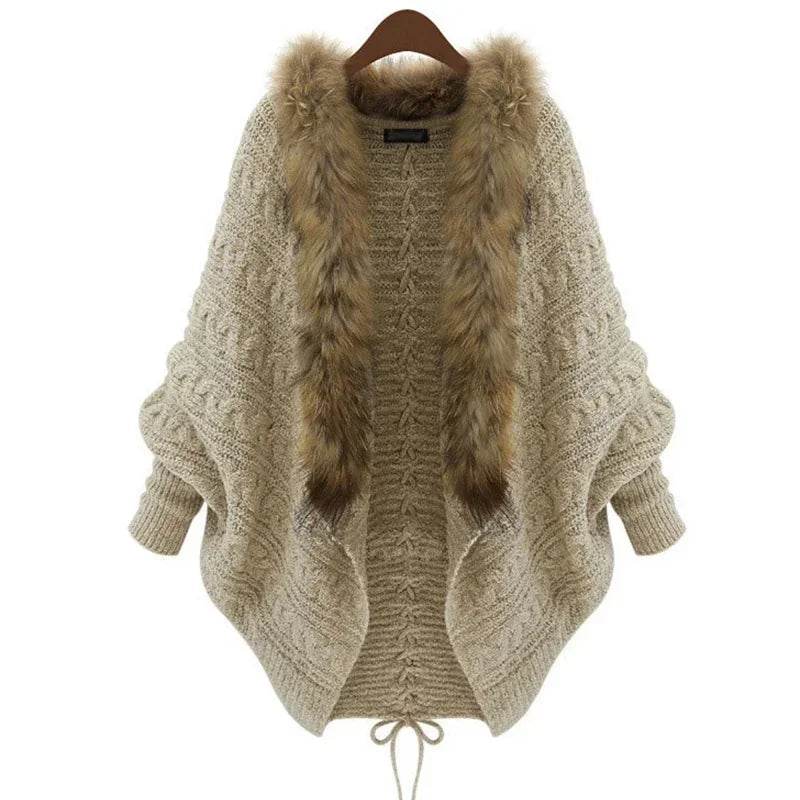 Women Cardigan Sweater Thick Poncho Capes Autumn Winter Femme knitted Bat Sleeve Fur Collar Wool Sweater Knitted Long Cardigan - AIAZ