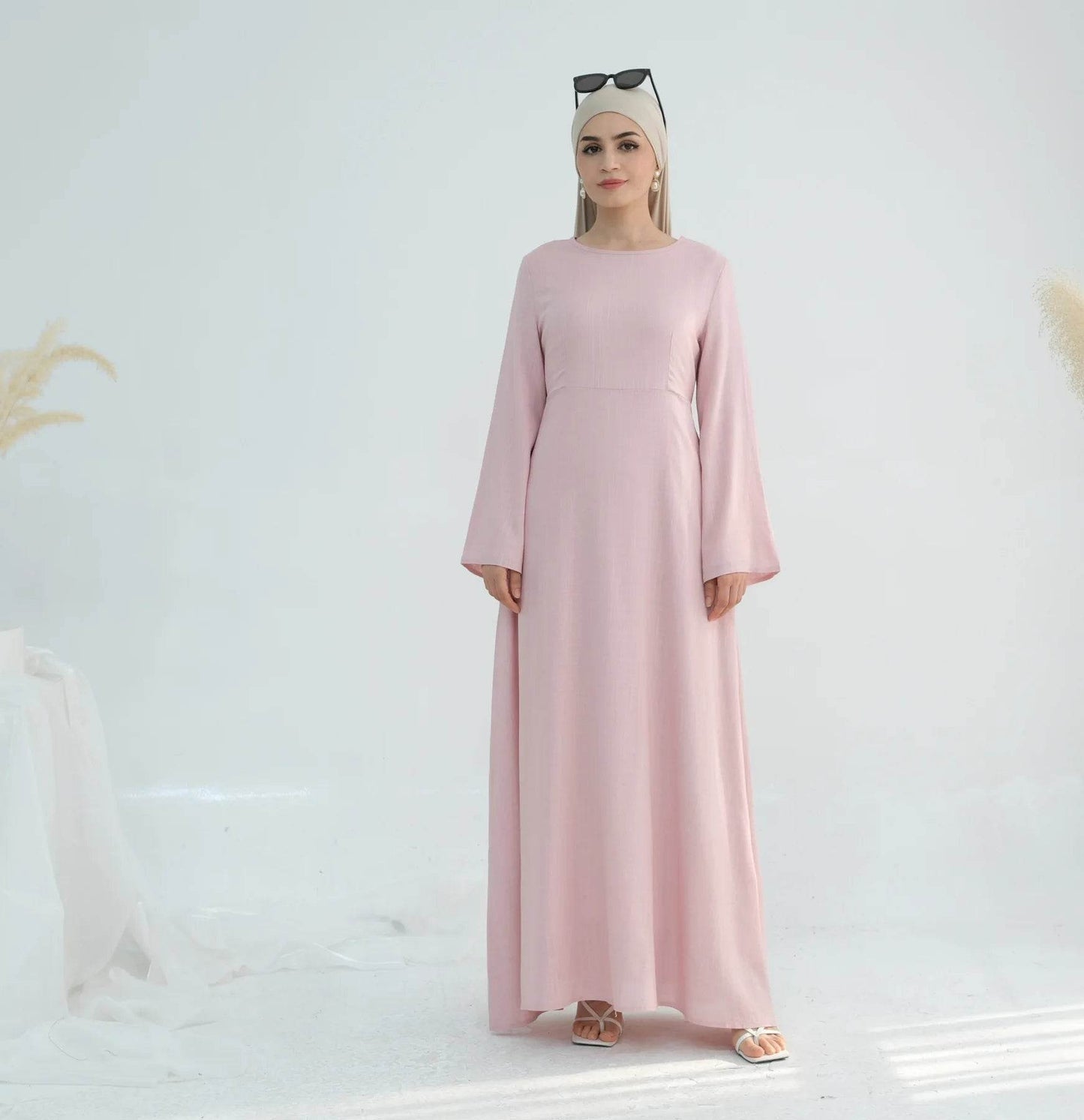 Muslim Women Long Loose Maxi Dress Dubai Turkey Solid Color Cotton Linen Waist Robe Abaya - AIAZ