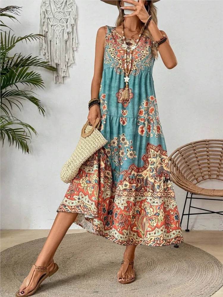 Women Vintage Print Sleeveless O-neck Vest Long Dresses 2025 Summer Fashion New Beach Vacation A-line Dress Woman Loose Dress - AIAZ