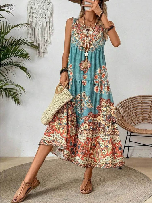 Women Vintage Print Sleeveless O-neck Vest Long Dresses 2025 Summer Fashion New Beach Vacation A-line Dress Woman Loose Dress - AIAZ
