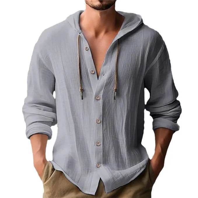 Men's T-shirt Long-sleeved Hooded Cotton Linen Buttons Basic Casual Street Fashion Top Streetwear Tees - AIAZ