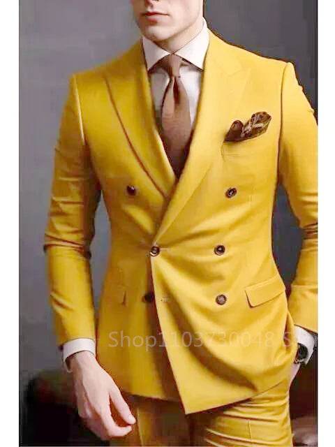 Solid 2 Pieces Men Suits Set Fashion New Men's Formal Business/Wedding Groom Suits Peak Lapel Double Breasted Blazer Trousers - AIAZ