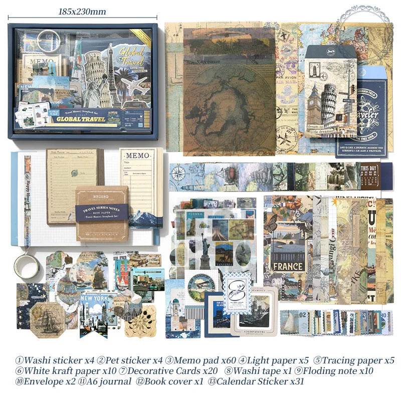 154 Pcs Vintage travel Handbook Gift Boxes School Student Reward Small Gifts Children's Gifts Scrapbook Supplies Stationery Set - AIAZ