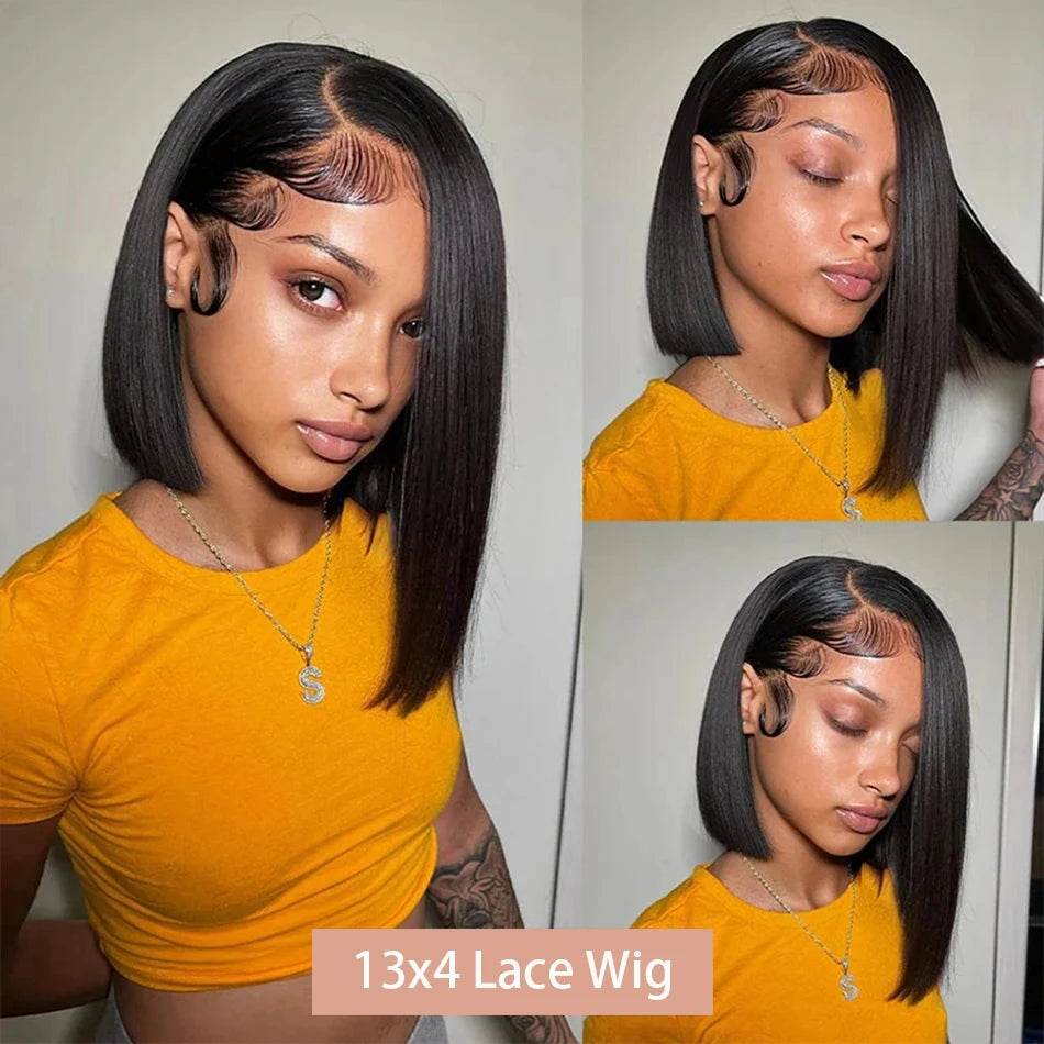 13x4 Bone Straight Bob Wig Lace Front Human Hair Wigs 4x4 Short Bob Wig Lace Frontal Wig 100% Human Hair 200% Density 12 14 Inch - AIAZ