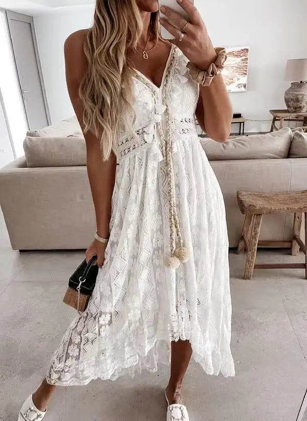 Women's Dress White Hollow Out Cotton Sundress Lace Sleeveless Long Splicing Summer Party Elegant Evening Woman Skirt Clothing - AIAZ