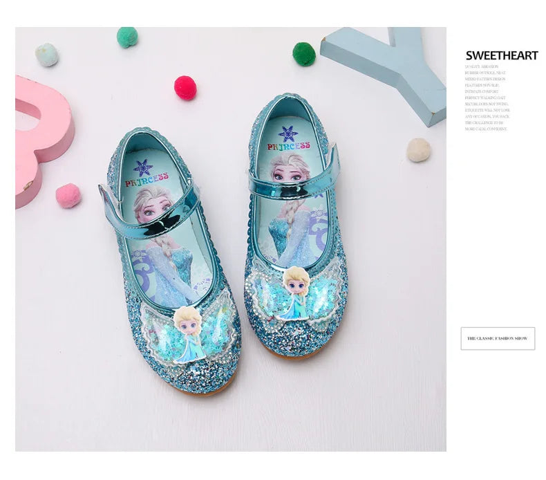 Disney Elsa Frozen Girls Princess Shoes Spring and Autumn Flat Paillette Shoes Children's Soft Sole Baby Casual Shoe Party Shoes