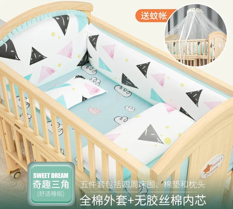 Baby Crib Multifunctional BB Baby Crib Solid Wood Unpainted Cradle Bed Movable Newborn Children Splicing Large Bed