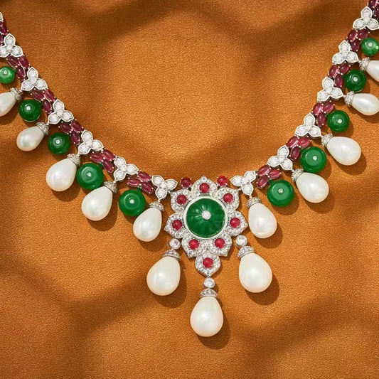 Dubai Fashion White Pearl Sythetic Green Chalcedony Tassel Beads Chain Necklaces Earrings Luxury Designer Jewelry for Women