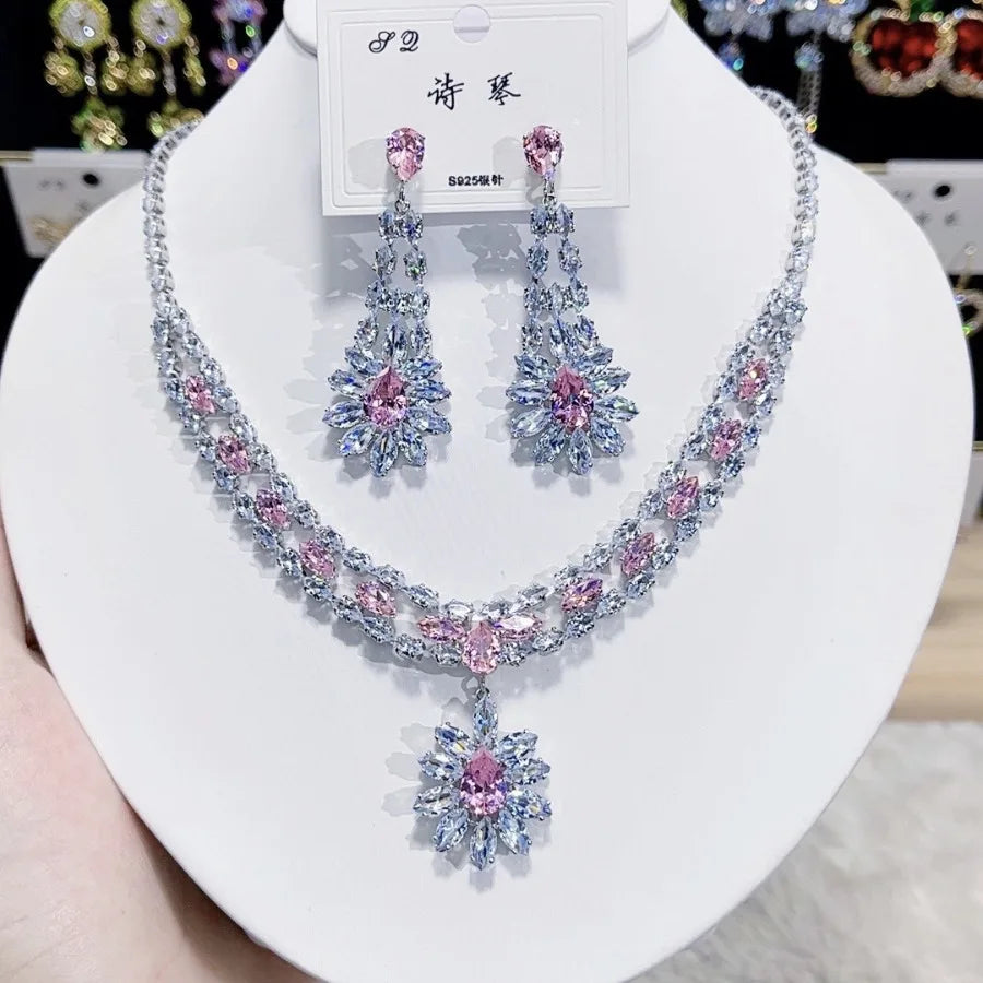 Women's Fashion Luxury Zirconia Crystal Pink Necklace Earrings Set Bracelet Jewelry Set Bridal Wedding Banquet Party Holiday