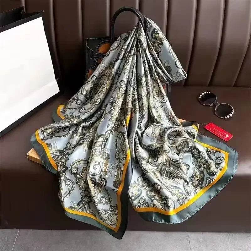 New Summer Women's Silk Scarf Sun Protection Satin Print Extra Long Beach Cover Up Decorative Mom's Shawl Fashionable Accessory - AIAZ