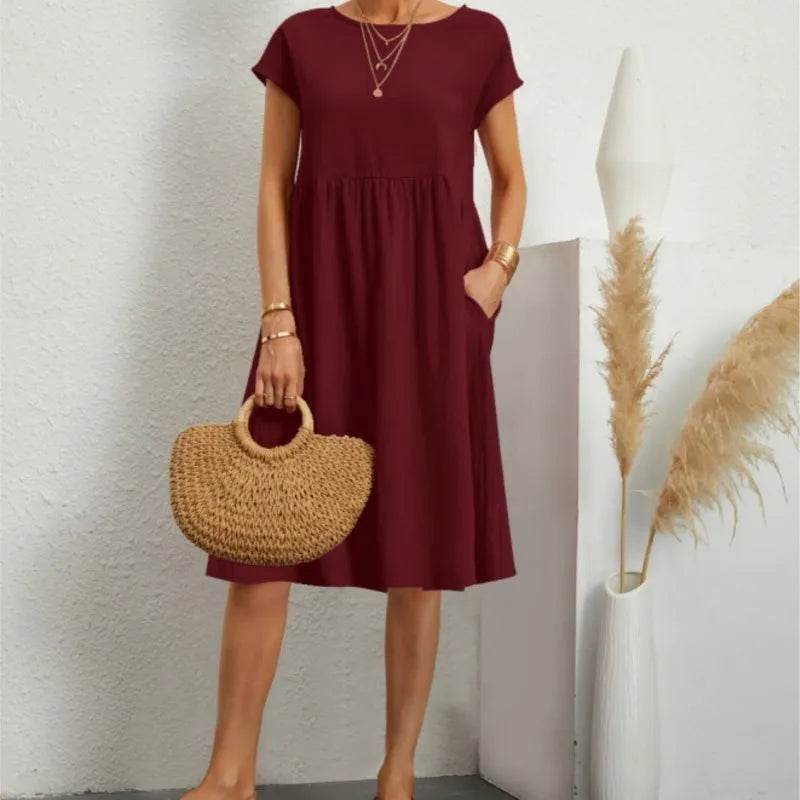 Women's Dresses 2025 Summer Fashion Casual Dresses Women Loose Mid Length Over Knee Dress New Short Sleeve Solid Dress Woman - AIAZ