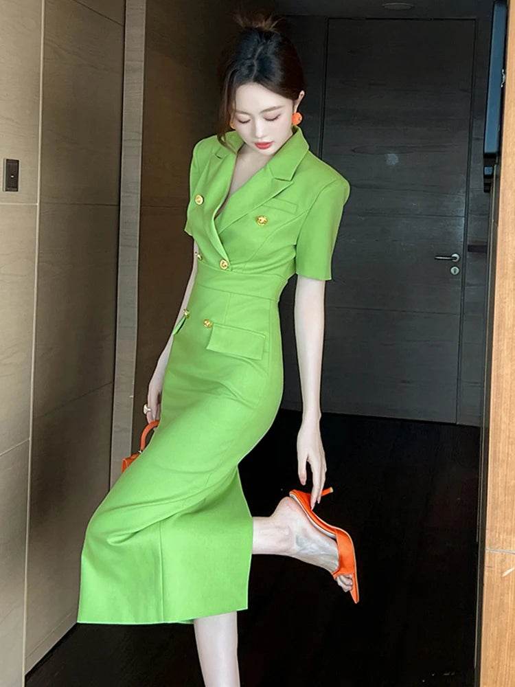 Fashion Elegant Business Dresses Women Clothes Sweet OL Professional Double Breasted Midi Robe Meeting Work Style Party Vestidos - AIAZ