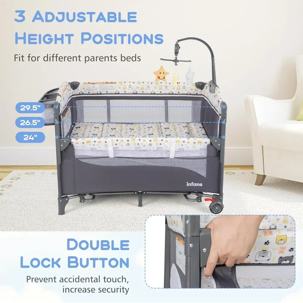 Multifunctional Baby Crib - Convertible Foldable Bed with Detachable Changing Table, Portable Co-Sleeper for Infants