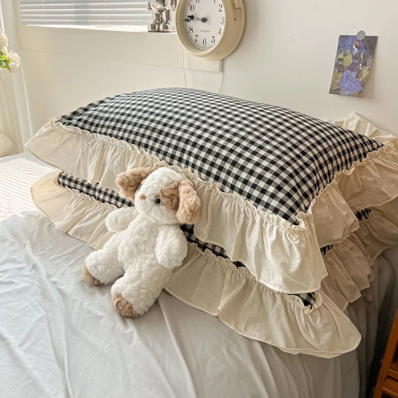 Korean Princess Style Bedding Set Soft Skin-friendly Lattice Lace Ruffles Quilt Cover Plaid Style Duvet Covers Set Pillowcases