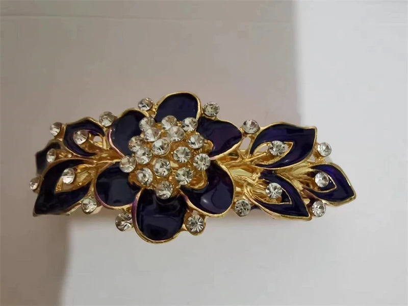 Red Crystal Flower Bow Spring Hairpin Vintage Ink Blue Rhinestone Horizontal Clip Top Clip Elegant Mom Fashion Hairpin Korean