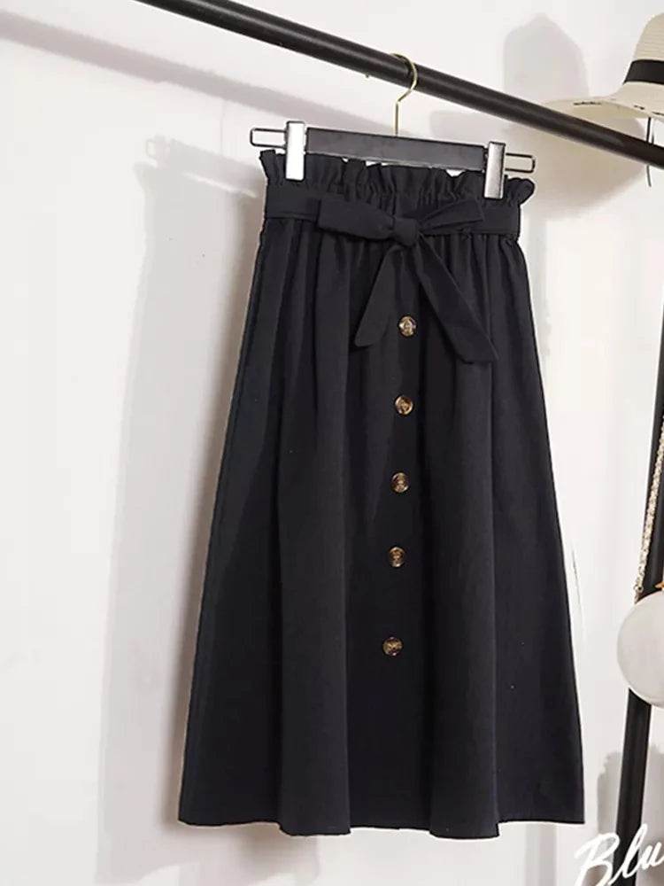 Summer Autumn Skirts Womens Midi Knee Length Korean Elegant Button High Waist Skirt Female Pleated School Skirt - AIAZ