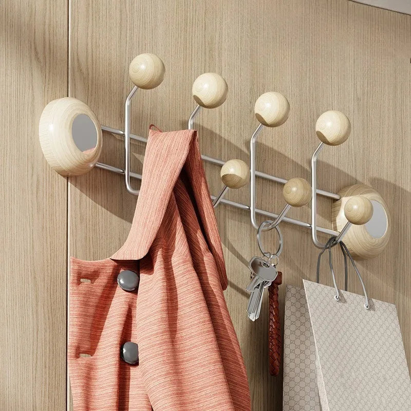 Stainless Steel Double Rows Door Hooks Simple Wood Grain Strong Adhesive Hooks Creative Multifunctional Art Home Decoration