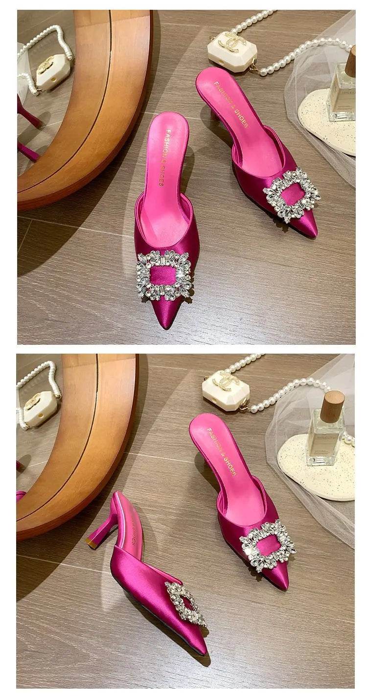 Women Sandals Summer New Slippers Pointed Toe Slingback Mules Shoes Woman Fashion Rhinestone Ladies High Heels Sexy Party Pumps - AIAZ