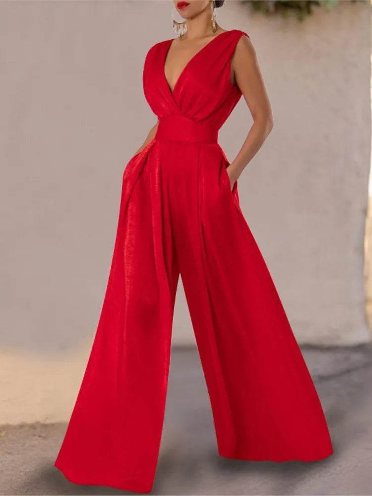 Jumpsuit Women Summer New Sleeveless Sexy Deep V-neck Solid Color High Waist Wide Leg Jumpsuits Elegant Commuting Lady Playsuits - AIAZ