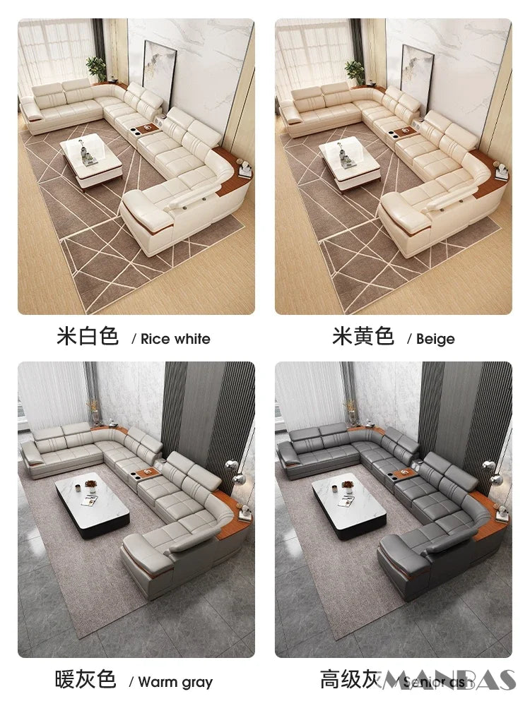Elegant Leather Sectional Sofas Sets with Cup Holder, Adjustable Headrests & Bluetooth Speaker - MINGDIBAO Living Room Couches