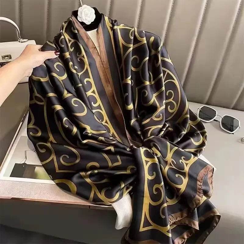 New Summer Women's Silk Scarf Sun Protection Satin Print Extra Long Beach Cover Up Decorative Mom's Shawl Fashionable Accessory - AIAZ