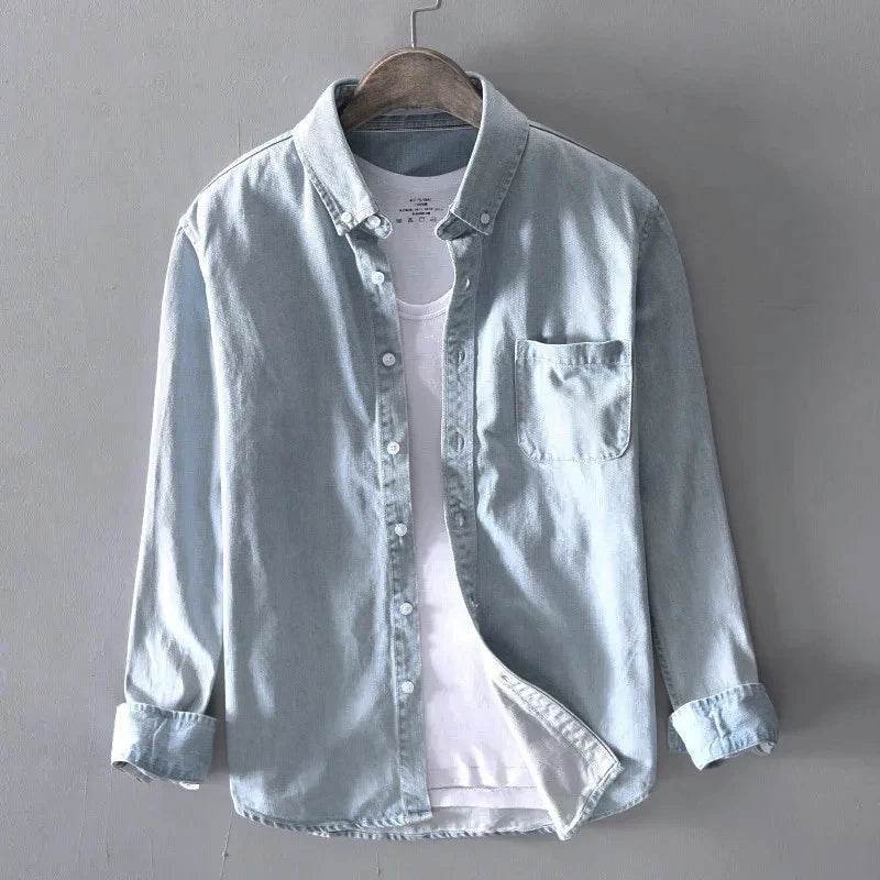 100% Cotton Autumn New Long-sleeved Denim Shirt Men Fashion Casual High Street Male Clothes Top Classic Light Blue Black Gray - AIAZ