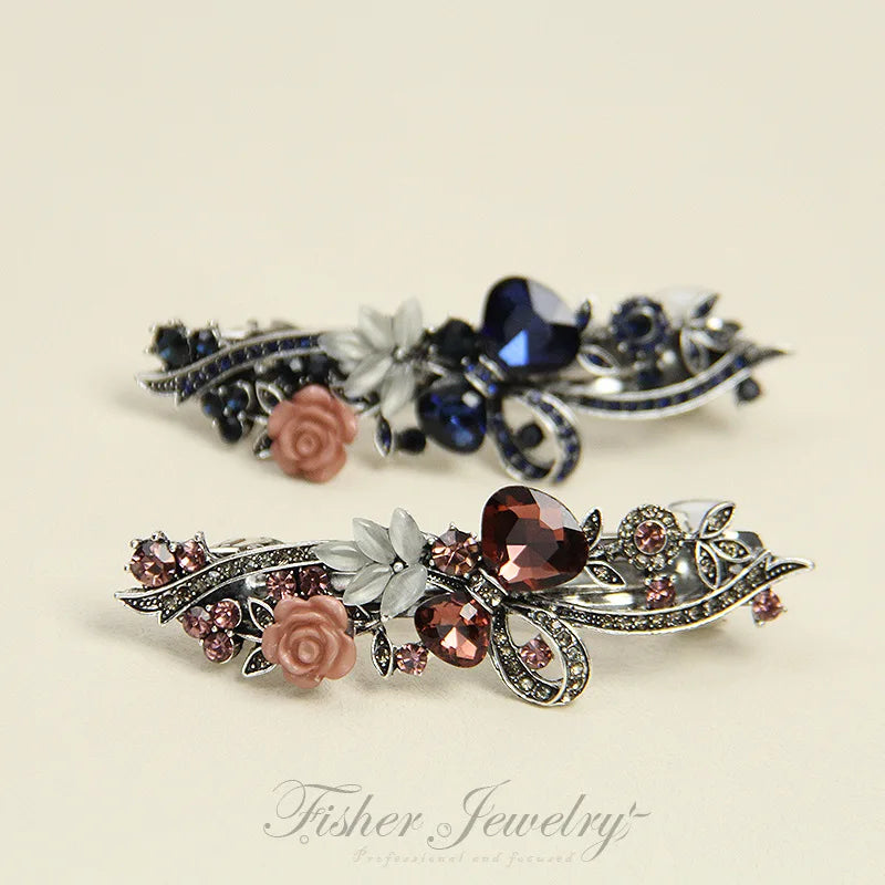 Red Crystal Flower Bow Spring Hairpin Vintage Ink Blue Rhinestone Horizontal Clip Top Clip Elegant Mom Fashion Hairpin Korean