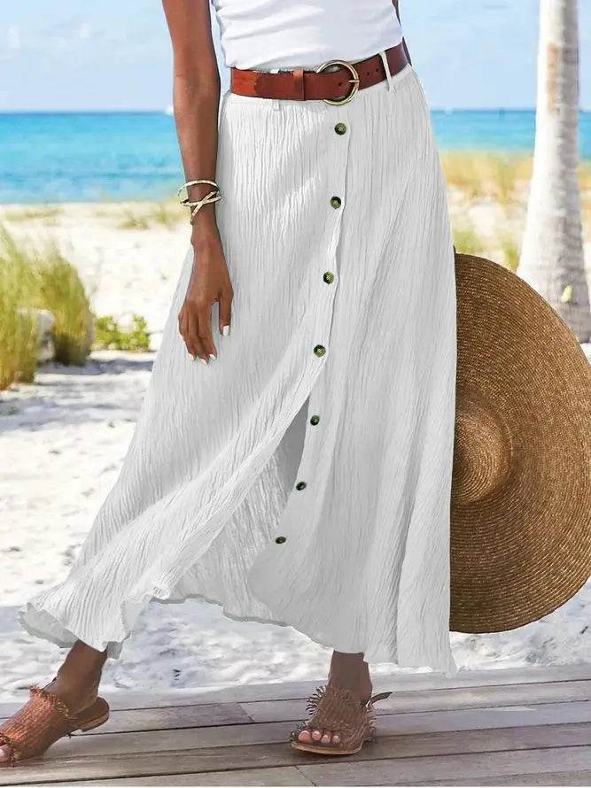 Women Skirt 2025 Spring Summer New Fashion Casual Cotton And Linen Solid Color Buttons Skirt Split A- Line Hip Waist Long Skirt - AIAZ